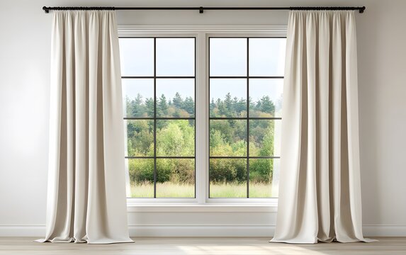 Fototapeta Elegant Beige Linen Curtains Draped Over Window with Forest View