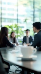 Fototapeta premium Blurred office background with office people having a meeting, business discussion, teamwork, professional workspace, corporate collaboration