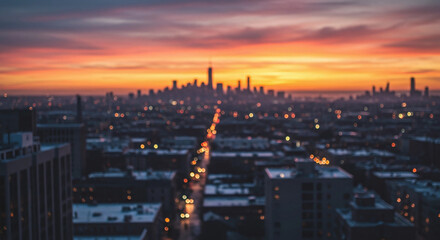 Fototapeta premium City skyline at sunset with blurred street lights below