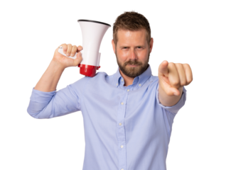Young man holding a megaphone with serious face and pointing finger to camera isolated over transparent background. PNG transparent