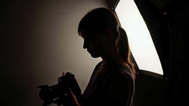 Silueta de fot&oacute;grafa con c&aacute;mara junto a softbox encendido