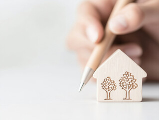 wooden house model with tree engravings is held by hand holding pen, symbolizing importance of insurance and legal conditions for home satisfaction and security