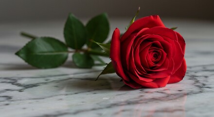 深紅のバラ、優しく光る大理石の上で輝く