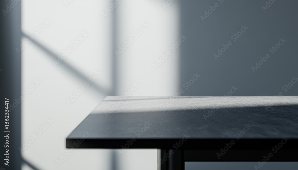 Aufkleber dark gray table surface with sunlight shadows and white wall background