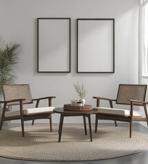 Minimalist living room with two armchairs, coffee table, and framed prints.