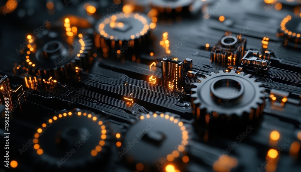 Poster dark metallic gears and circuit board abstract technology background