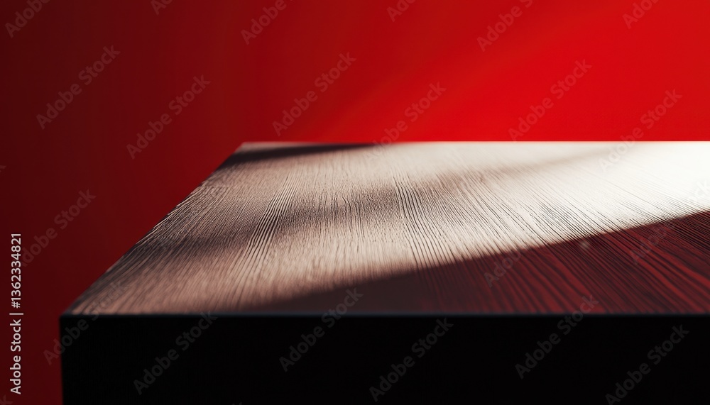 Poster dark wooden table with textured surface and red background