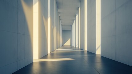 Obraz premium Modern concrete hall with glowing windows, embodying simplicity and clean minimalism in architectural design.