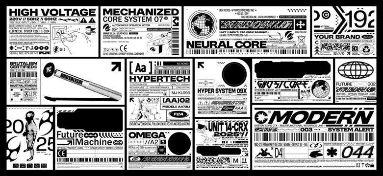 Brutalism tech label pack. Futuristic assets in cyberpunk style for streetwear, product design, and digital UI. Retro Y2K and cyber aesthetics graphic elements. Vector set