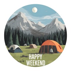 Digital matte painting with a camping in a circle. With the inscription "Happy weekend".