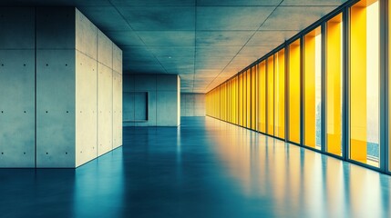 Fototapeta premium Modern concrete hall with glowing windows, embodying simplicity and clean minimalism in architectural design.