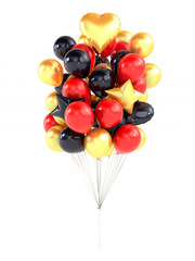 Set of balloons on strings. Gold, red, and black colors. 3D rendering