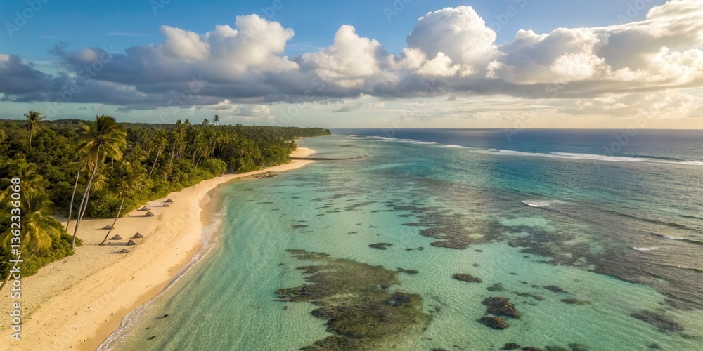 Aufkleber tropical beach with palm trees and calm turquoise waters under a cloudy sky.