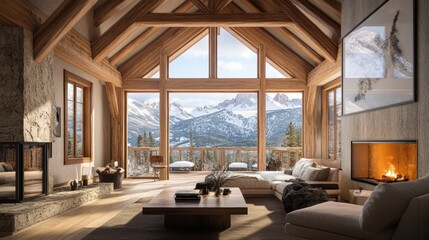 Fototapeta premium Chalet living room with mountain view and cozy fireplace in winter