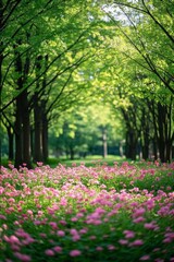 Obraz premium a field of pink flowers in the middle of a park