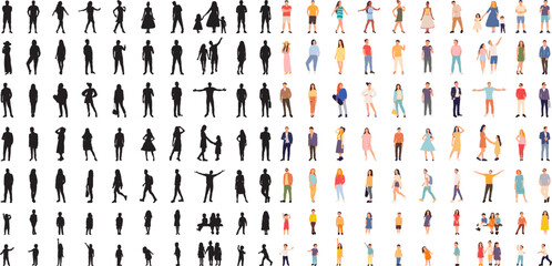set of silhouettes of people in different poses, vector