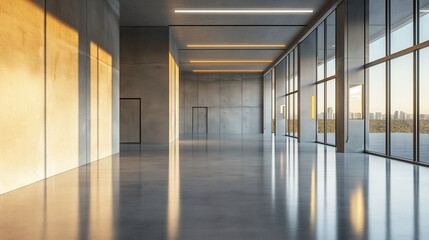 Modern concrete hall with glowing windows, embodying simplicity and clean minimalism in architectural design.