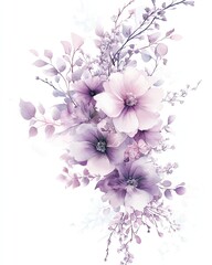 Fototapeta premium Dreamy hand-painted watercolor floral set, wildflowers in soft lavender and blush tones, elegant and timeless, ideal for wedding branding and menus