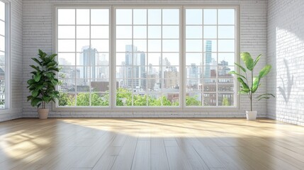 Fototapeta premium An empty room with light wood floors and a white brick wall, featuring large windows that offer a panoramic view of urban buildings in the background, bathed in natural light illustration