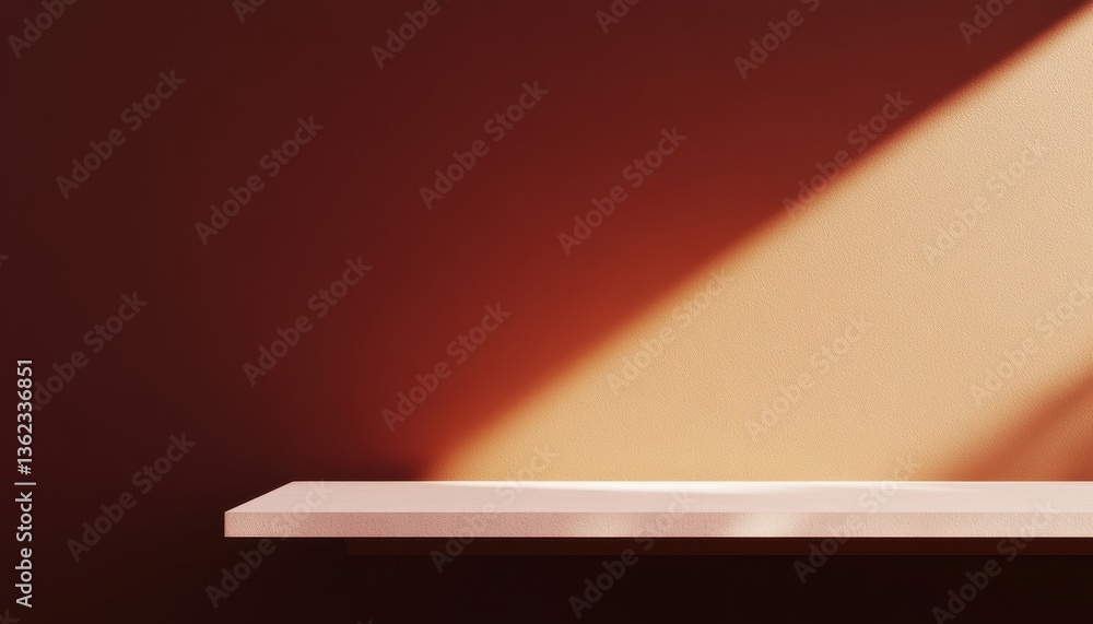 Poster empty product display shelf with warm brown background and sunlight