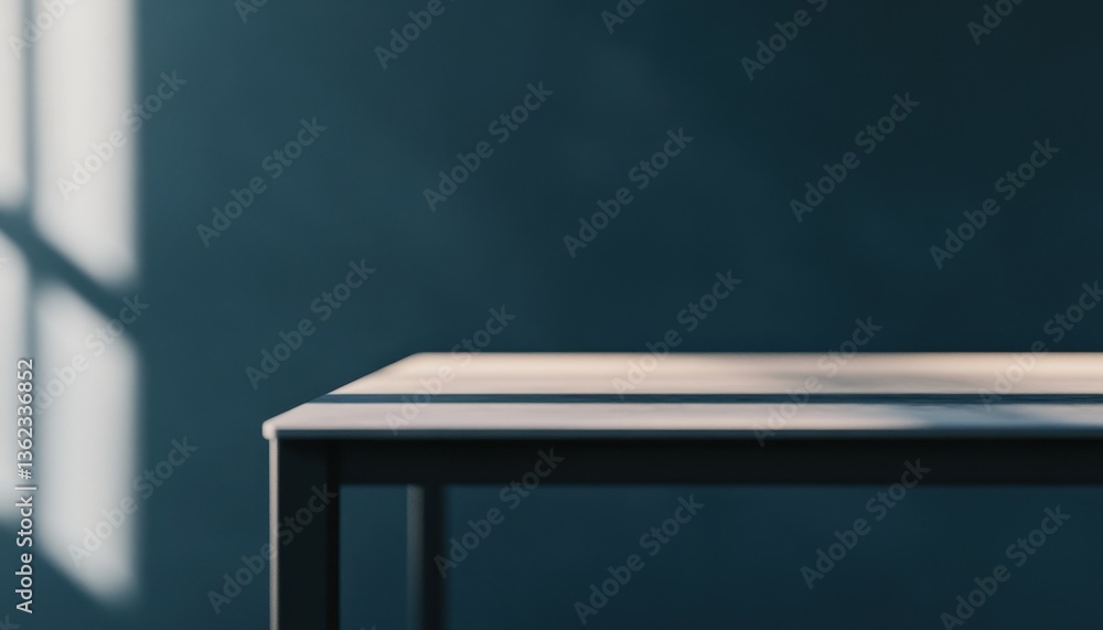 Poster Empty Modern Table with Sunlight and Dark Teal Background