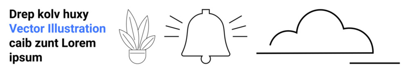 Potted plant, ringing bell, and cloud in clean line art style with bold typography. Ideal for web design, notifications, nature themes, modern art, minimalism, alerts flat landing page banner