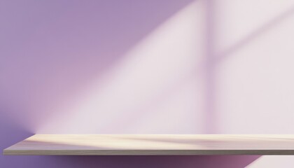 Empty Wooden Shelf Against a Pastel Purple Wall with Sunlight Shadows