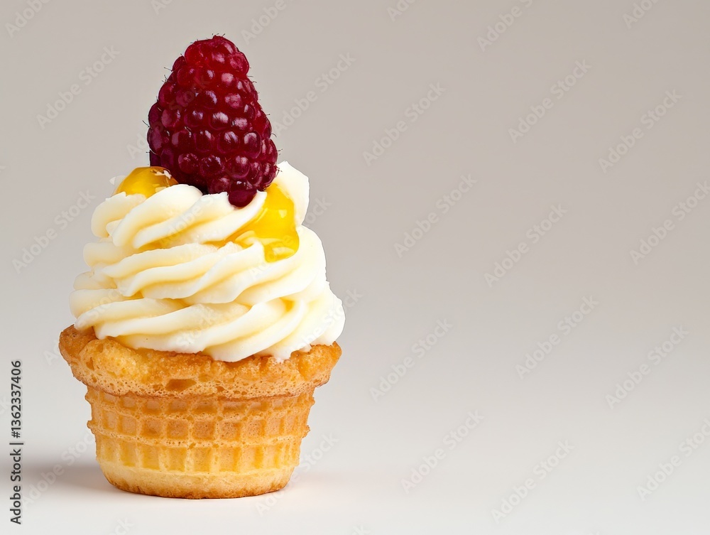Poster ice cream scoop with raspberry garnish in cone under soft light on neutral background showing balanc