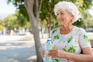 Elderly woman with white hair sitting outdoors on a bench in a park holding a plastic water bottle, smiling and looking away in a sunny summer day