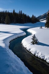 Fototapeta premium snowy river in the middle of a snowy field with trees