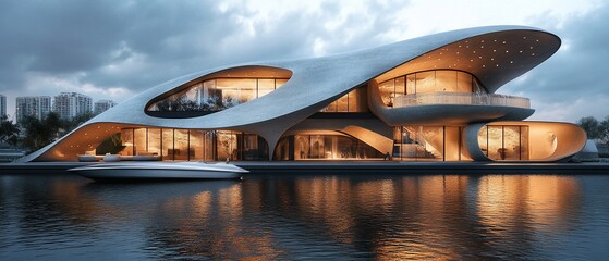 Curvilinear waterfront home with boat, lit interior