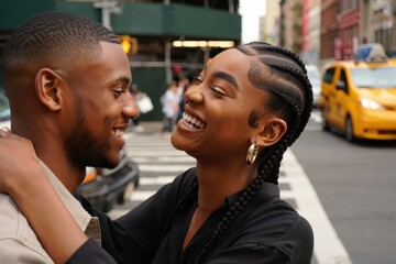 Joyful couple embracing on city street with taxi in background