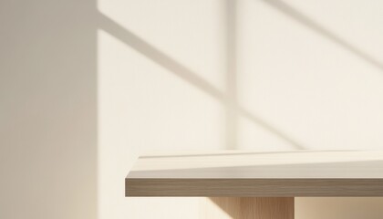 Fototapeta premium Light Wooden Shelf Against a Cream Textured Wall with Sunlight Shadows