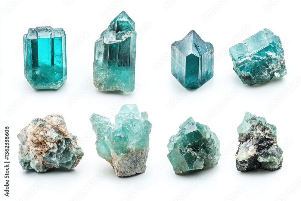 Aufkleber a collection of colorful crystals sitting on a clean white surface, ideal for use in illustrations o
