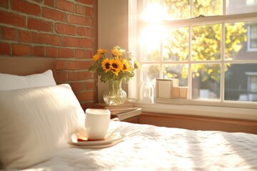 Sunlight streams into a cozy bedroom, with a bed, sunflowers, and a cup of coffee