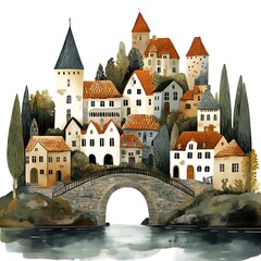 Fototapeta premium Charming Stone Bridge and Fairytale Village Illustration. A picturesque scene of quaint houses, a stone arch bridge, and lush greenery, perfect for children's books, websites, or greeting cards.