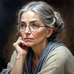 Thoughtful middle-aged woman with a furrowed brow, lost in deep reflection. A compelling portrait capturing introspection, wisdom, and emotional depth