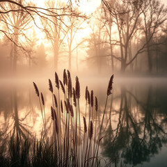 Misty lake at dawn, golden light filtering through trees, serene reflections, swaying reeds, and tranquil atmosphere evoke peace, wonder, and natural beauty