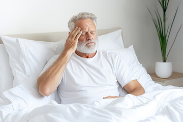 Elderly man with hand on forehead in bed, eyes closed, expressing headache, fatigue or insomnia in a bright, minimal bedroom environment