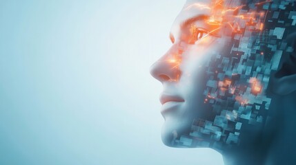 Digital Awakening: A striking portrait of a human face, partially fragmented, with data and energy radiating outwards, symbolizing the merging of technology and humanity and the power of the mind.