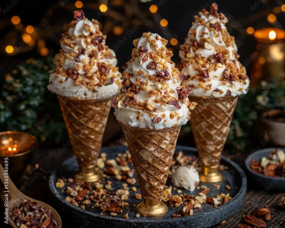 Poster assorted ice cream cones dipped in chocolate with sprinkles displayed in festive container under par