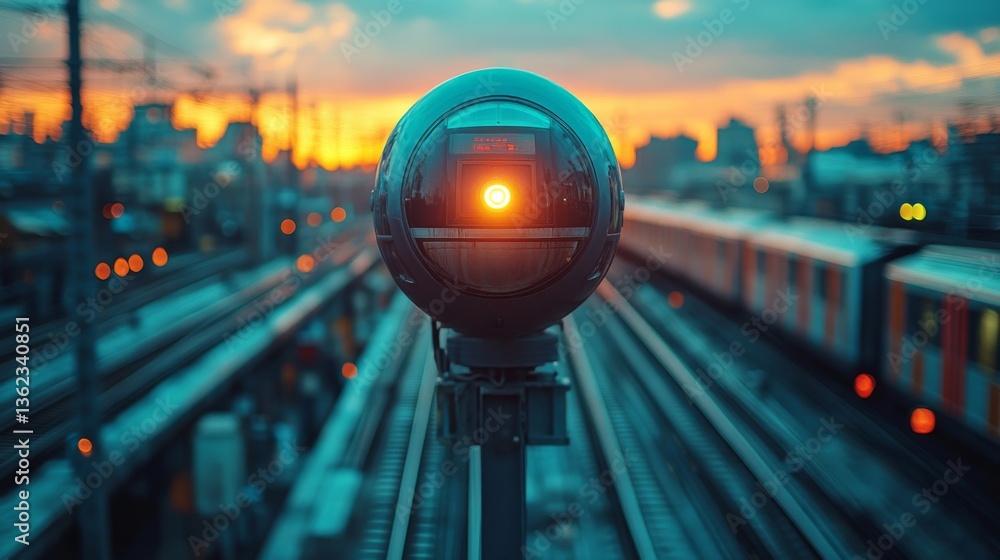 Poster a surveillance camera stands guard over railway tracks during sunset, capturing essential activities