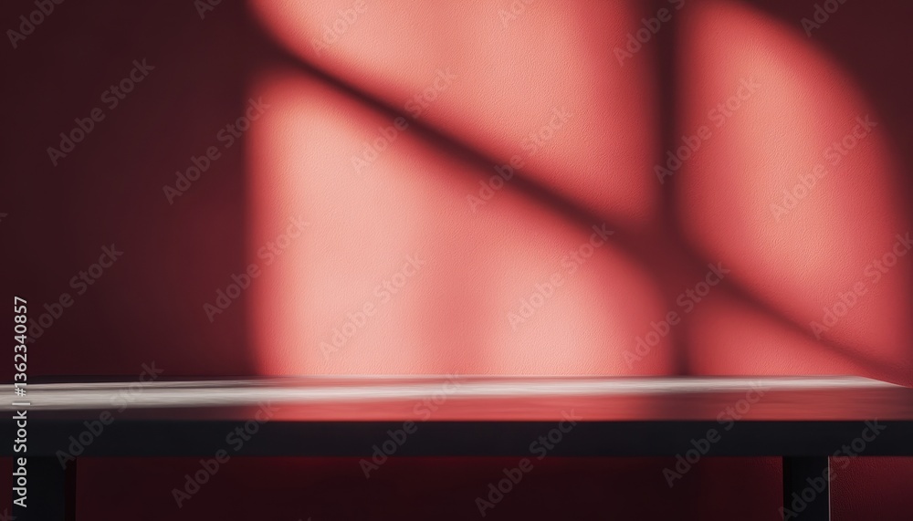 Poster Red Wall with Shadow Patterns and Empty Table