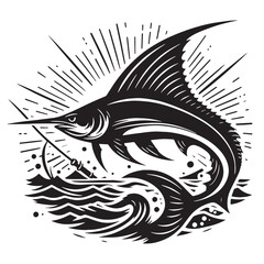 Black Color Swordfish Silhouette Vector Illustration, Solid White Background