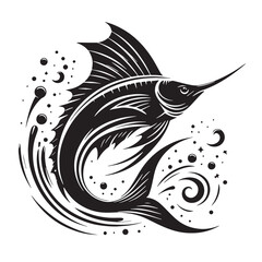 Black Color Swordfish Silhouette Vector Illustration, Solid White Background