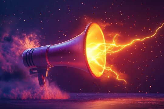a megaphone emitting vibrant light and electricity, with a dramatic background of swirling colors and cosmic elements