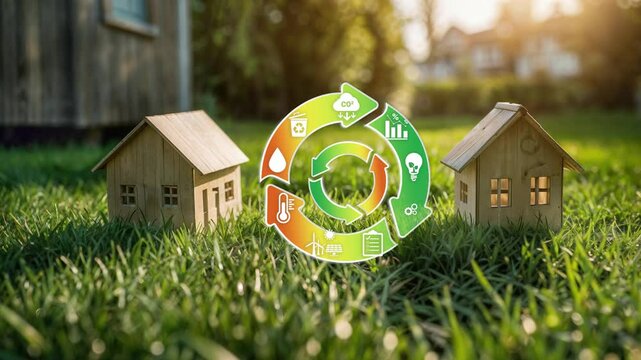 Eco-Friendly Living Concept with Renewable Resources and Energy Efficiency.Green Home with Environmental Symbols Representing Sustainability.