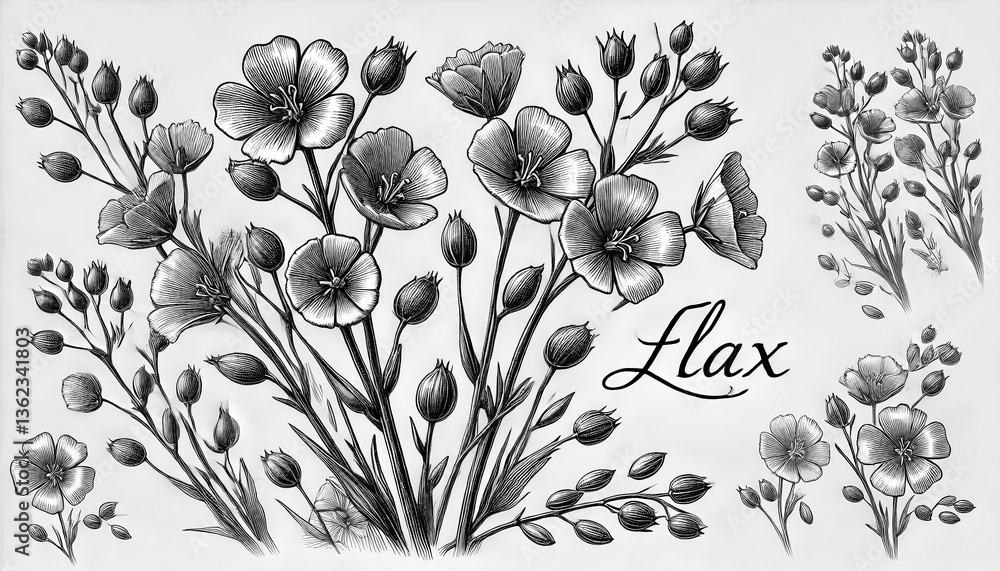 Aufkleber detailed sketch of flax flowers with delicate petals and intricate buds shown in a botanical design 