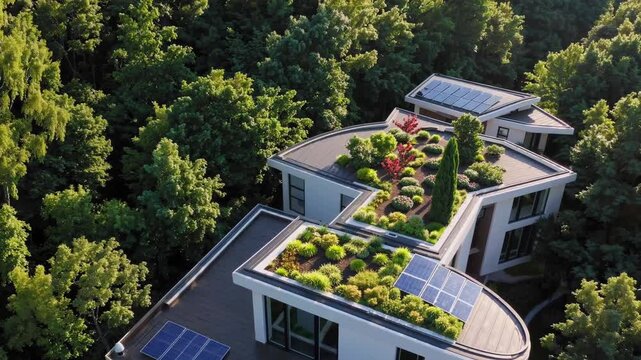 Forest eco houses harness solar power on lush rooftops, as eco architecture fuses minimal footprint with scenic vistas, eco concept fueling prime stock demand worldwide and sustainable living.