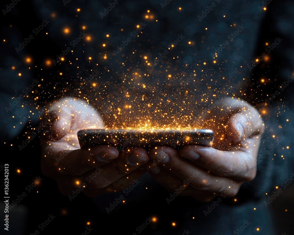 Poster hands holding a smartphone emitting a magical spark effect in a dark setting